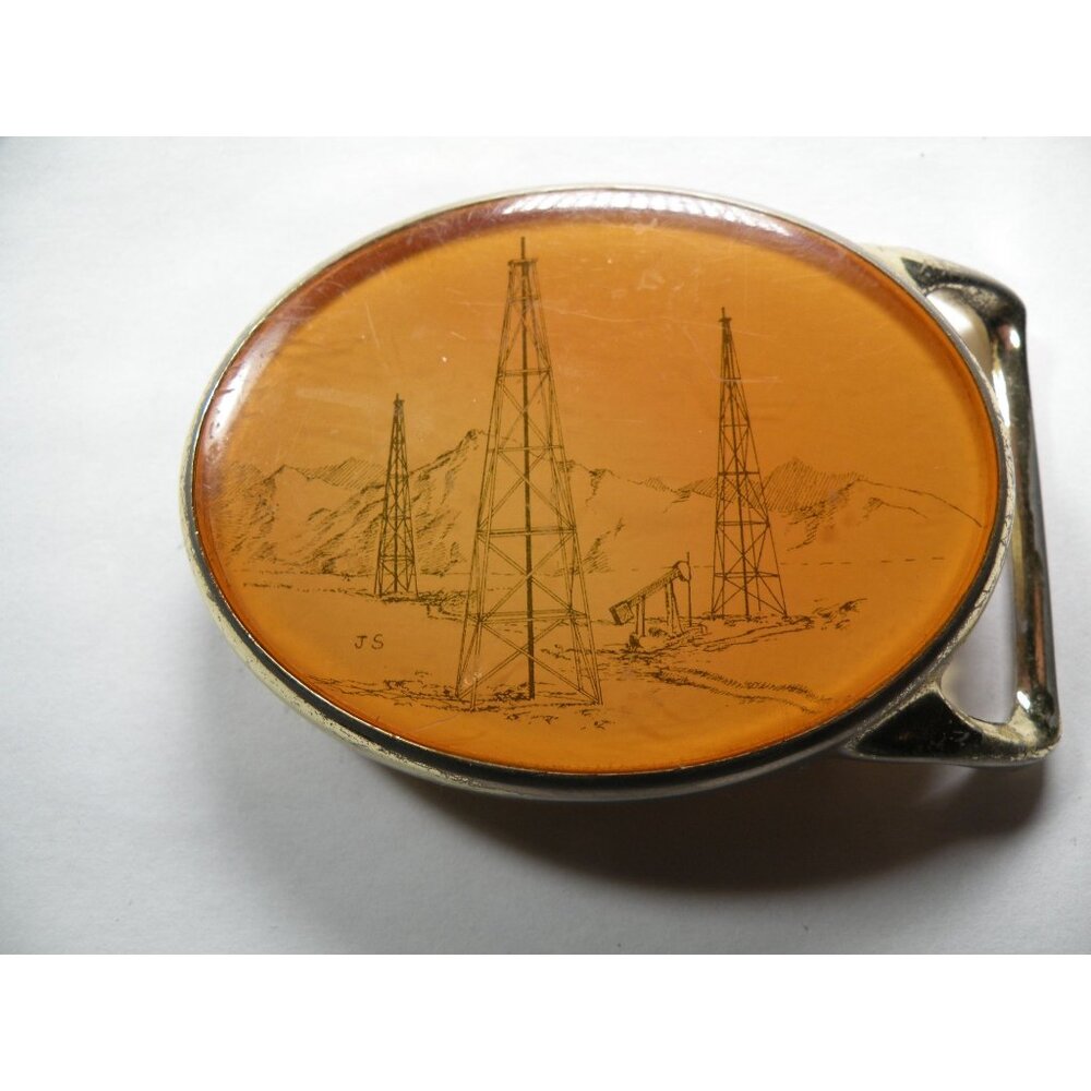 Vintage 1970's Von West Belt Buckle Oil Derrick Design  Gold Tone Metal Western